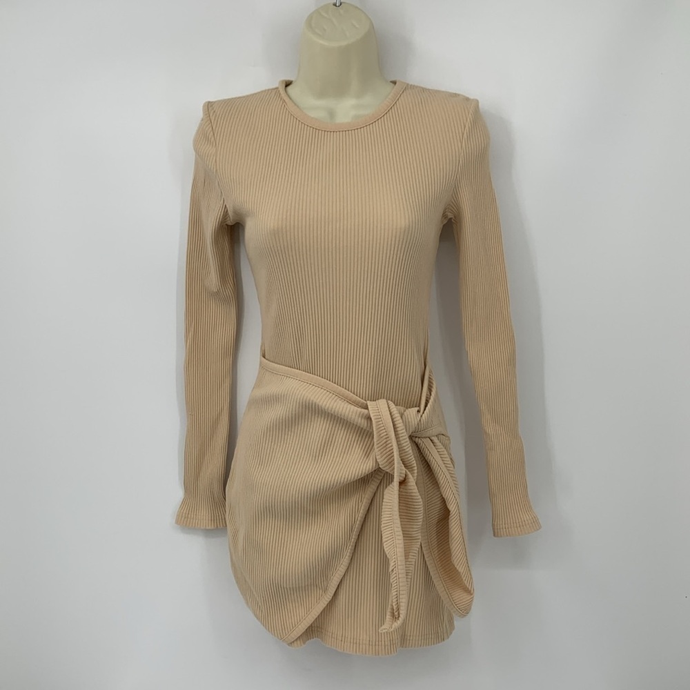Superdown ribbed faux wrap knit sweater dress tan brown body-con XXS XX-Small